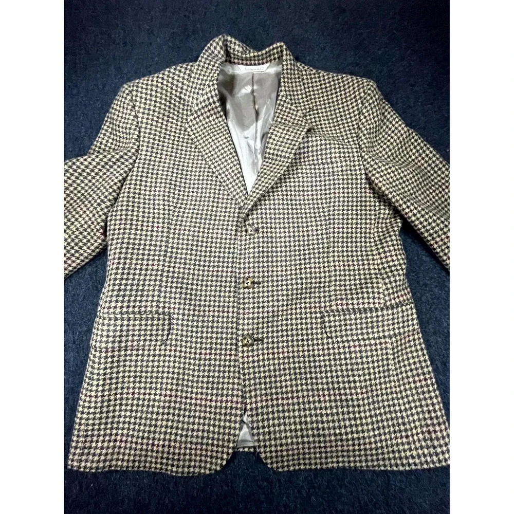 Vintage Hunt Club Blazer Jacket Mens XL Beige Virgin Wool Houndstooth Formal
